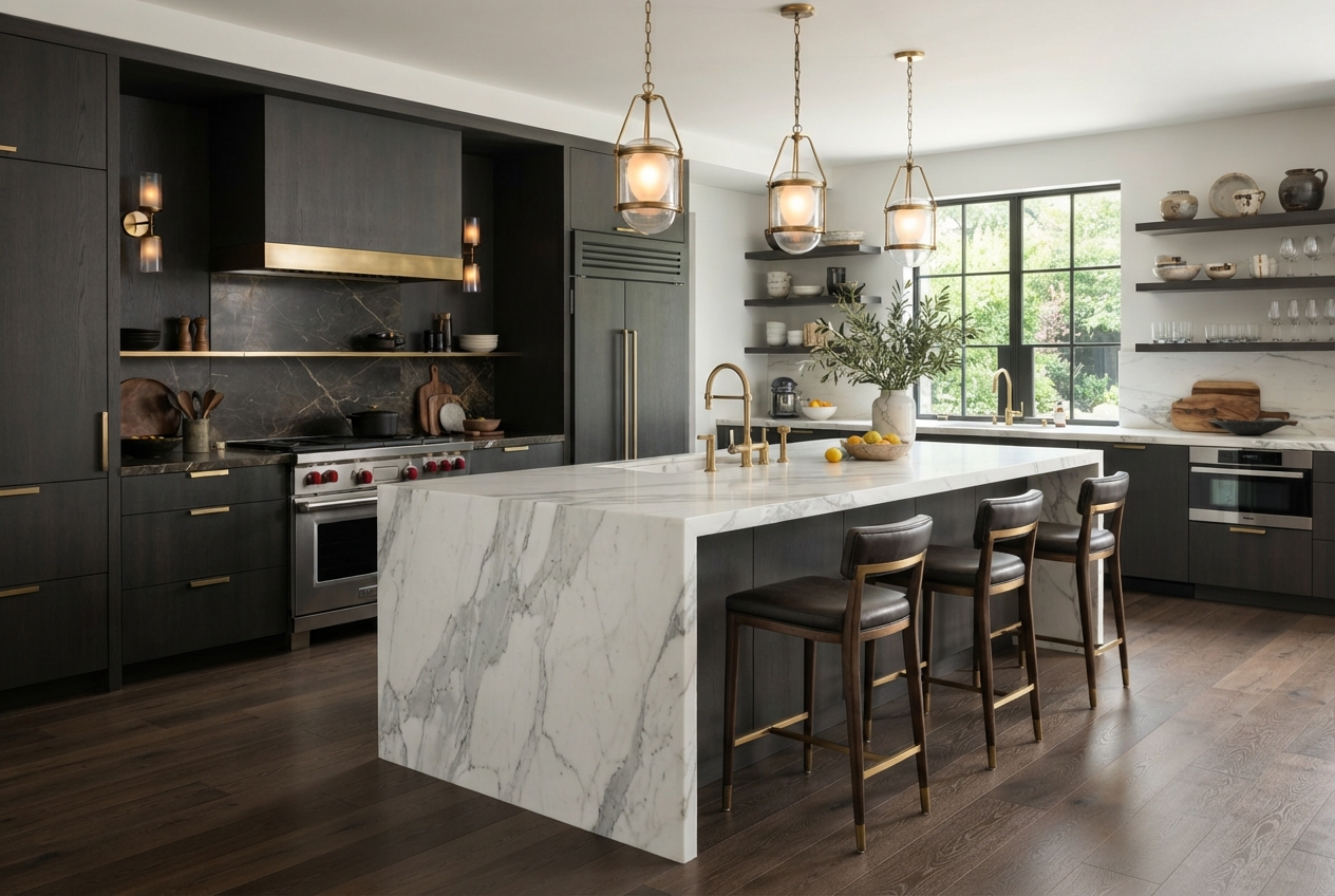 Modern Kitchen: Marble countertops and island